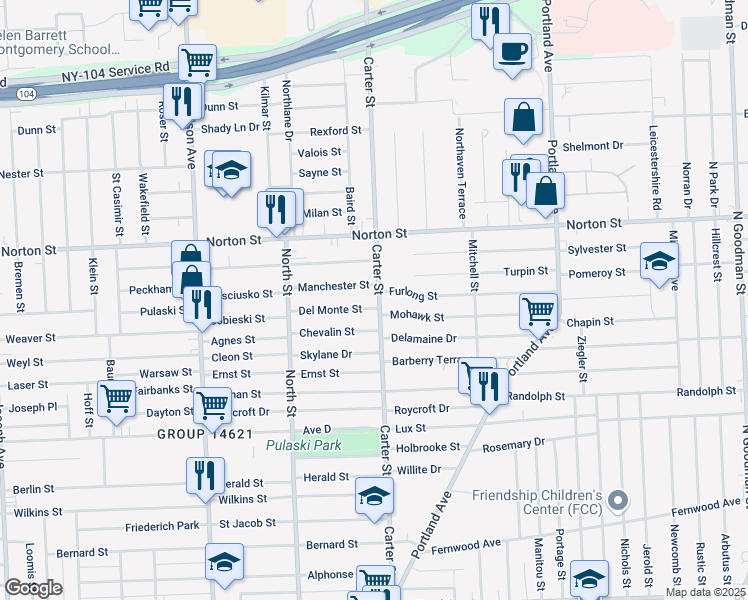 map of restaurants, bars, coffee shops, grocery stores, and more near 453 Carter Street in Rochester