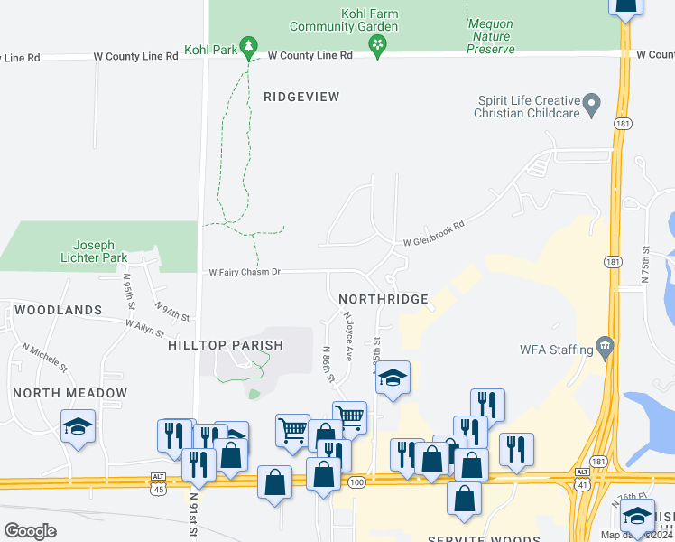 map of restaurants, bars, coffee shops, grocery stores, and more near 8627 West Fairy Chasm Drive in Milwaukee