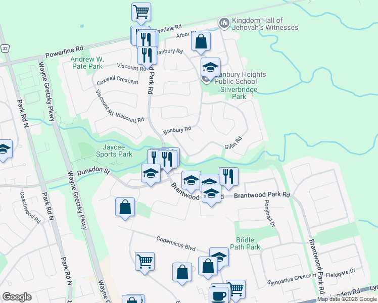 map of restaurants, bars, coffee shops, grocery stores, and more near 118 Gillin Road in Brantford