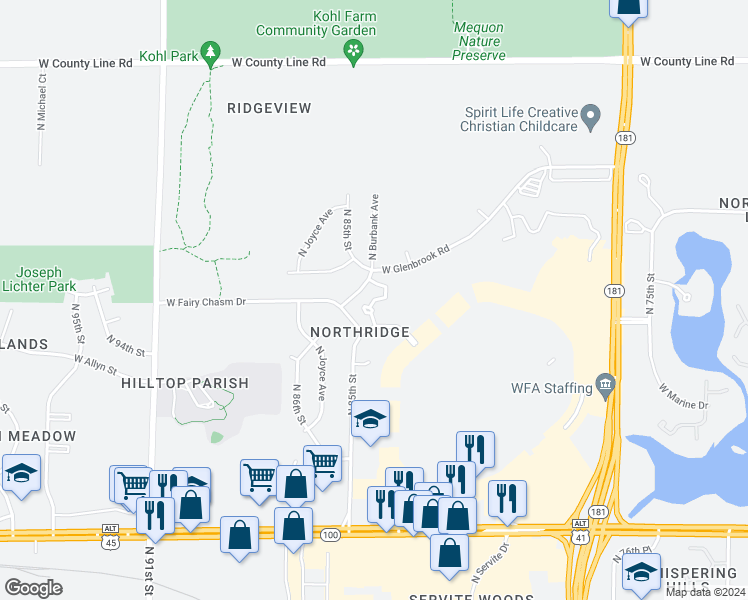 map of restaurants, bars, coffee shops, grocery stores, and more near 9156 North Jadam Lane in Milwaukee