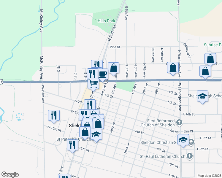 map of restaurants, bars, coffee shops, grocery stores, and more near 508 4th Avenue in Sheldon