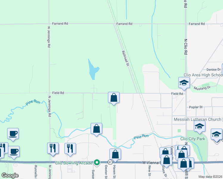 map of restaurants, bars, coffee shops, grocery stores, and more near 3282 Field Road in Clio