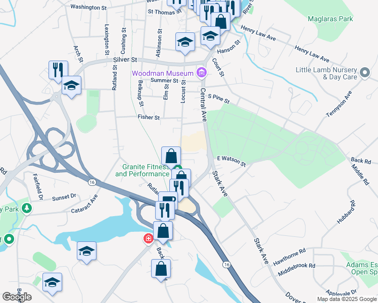 map of restaurants, bars, coffee shops, grocery stores, and more near 6 Monroe Street in Dover