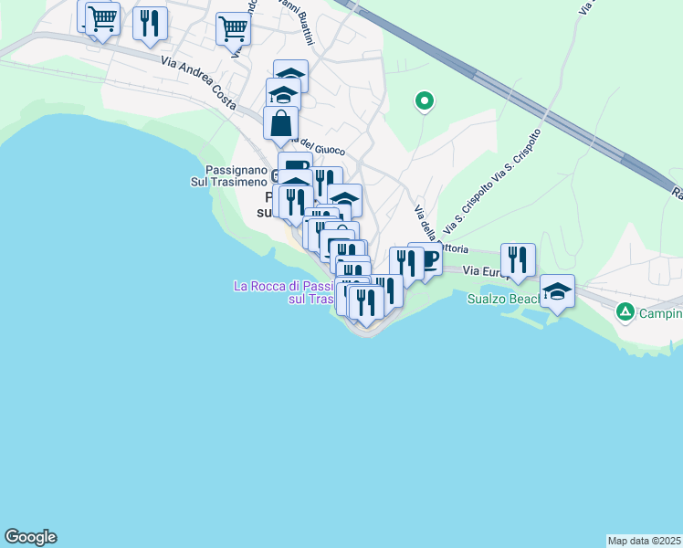 map of restaurants, bars, coffee shops, grocery stores, and more near 13 Via Guglielmo Marconi in Passignano Sul Trasimeno
