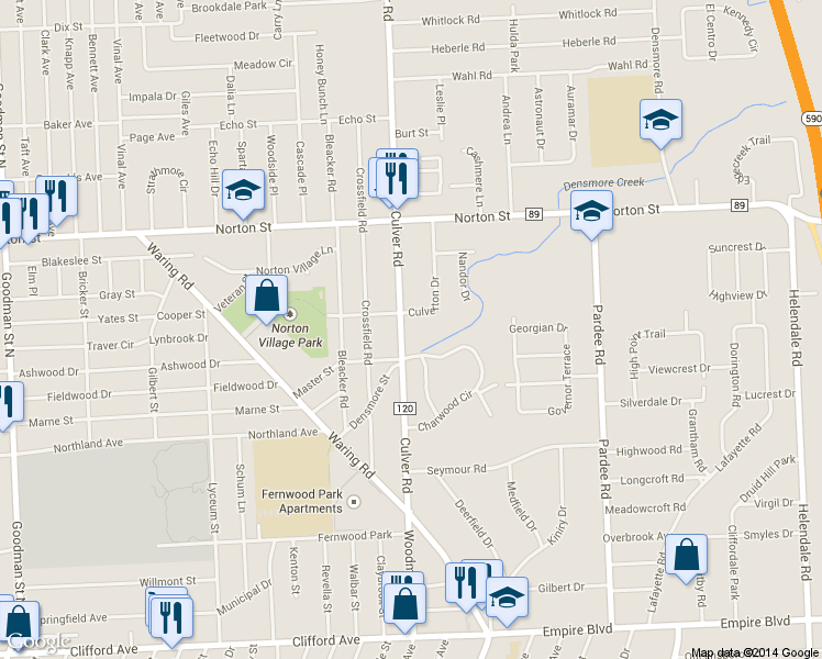 map of restaurants, bars, coffee shops, grocery stores, and more near 2130 Culver Road in Rochester