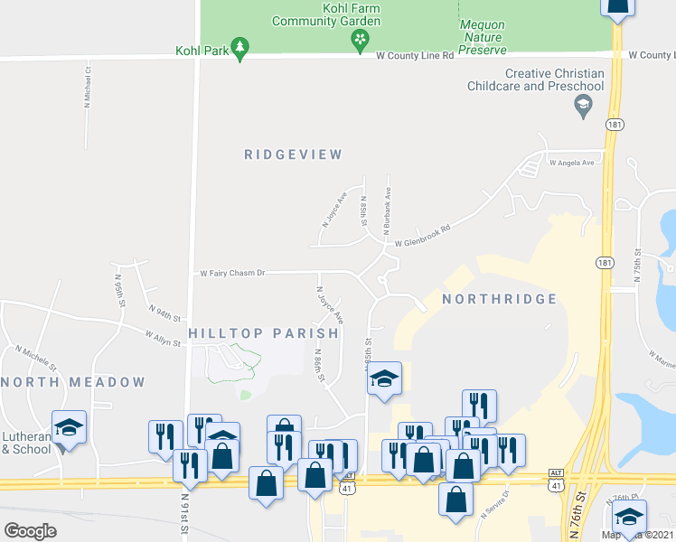 map of restaurants, bars, coffee shops, grocery stores, and more near 8634 West Fairy Chasm Drive in Milwaukee