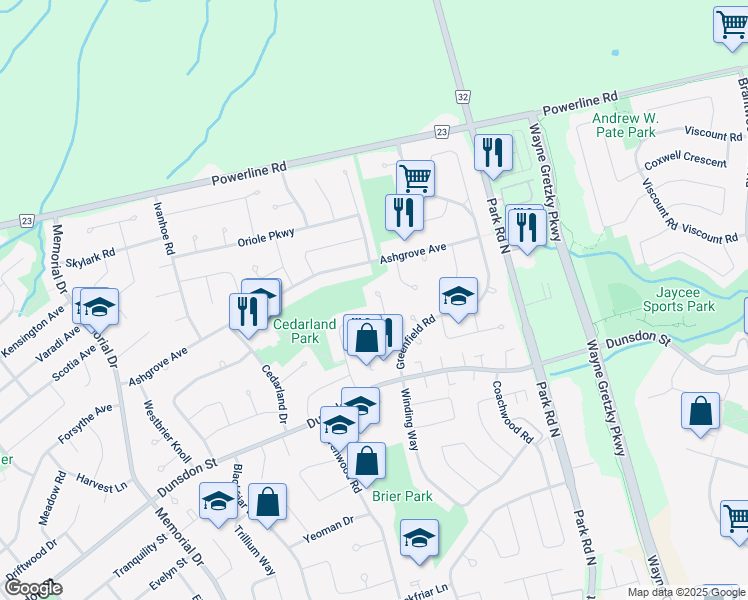 map of restaurants, bars, coffee shops, grocery stores, and more near 21 October Place in Brantford
