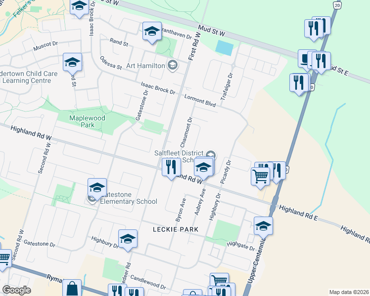 map of restaurants, bars, coffee shops, grocery stores, and more near 114 Chaumont Drive in Hamilton