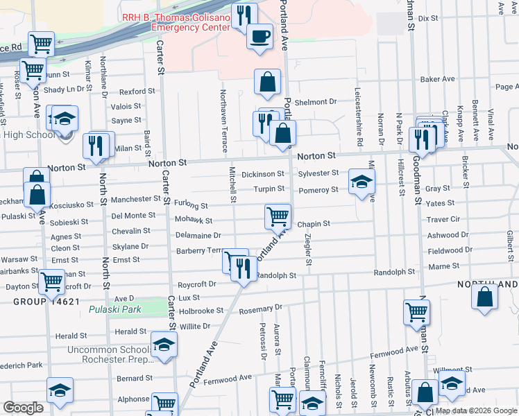 map of restaurants, bars, coffee shops, grocery stores, and more near 69 Furlong Street in Rochester