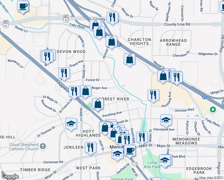 map of restaurants, bars, coffee shops, grocery stores, and more near N92W16863 Roger Avenue in Menomonee Falls