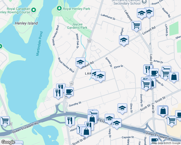 map of restaurants, bars, coffee shops, grocery stores, and more near 24 Juliana Crescent in St. Catharines
