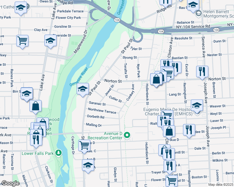 map of restaurants, bars, coffee shops, grocery stores, and more near 33 Carthage Street in Rochester