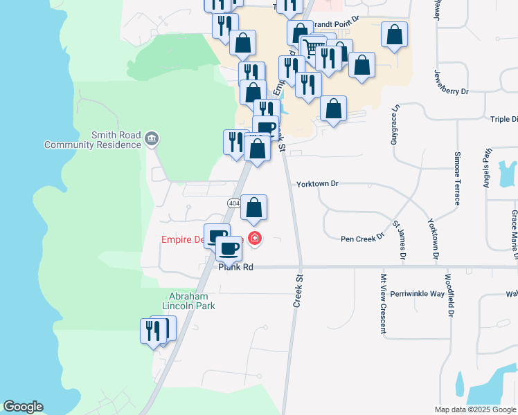 map of restaurants, bars, coffee shops, grocery stores, and more near 1732 Empire Boulevard in Monroe County