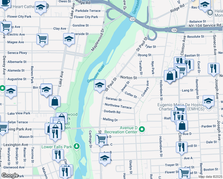map of restaurants, bars, coffee shops, grocery stores, and more near 15 Beach Street in Rochester