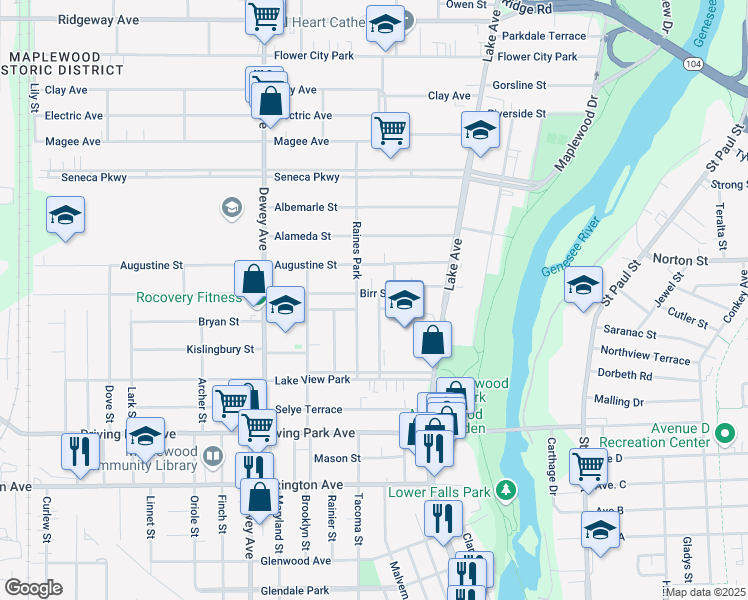 map of restaurants, bars, coffee shops, grocery stores, and more near 105 Birr Street in Rochester