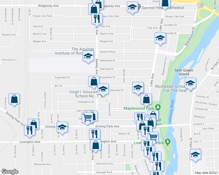 map of restaurants, bars, coffee shops, grocery stores, and more near 269 Pierpont Street in Rochester
