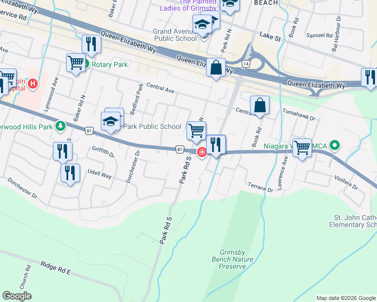 map of restaurants, bars, coffee shops, grocery stores, and more near 258 Main Street East in Grimsby