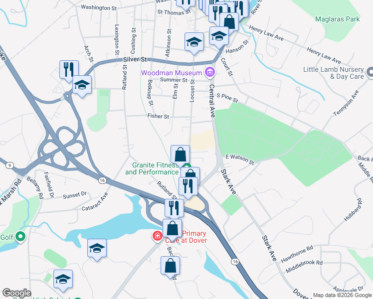 map of restaurants, bars, coffee shops, grocery stores, and more near 243 Locust Street in Dover