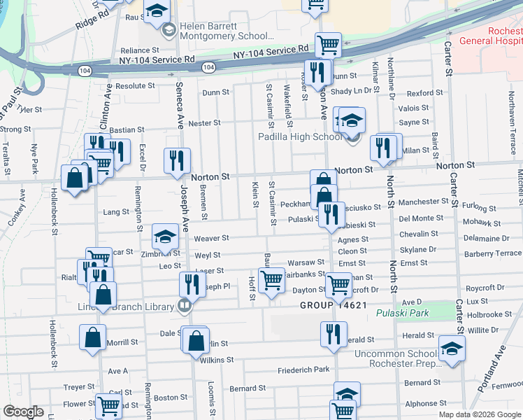 map of restaurants, bars, coffee shops, grocery stores, and more near 144 Van Stallen Street in Rochester