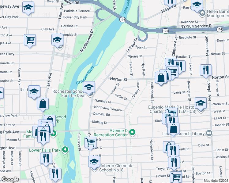 map of restaurants, bars, coffee shops, grocery stores, and more near 50 Jewel Street in Rochester