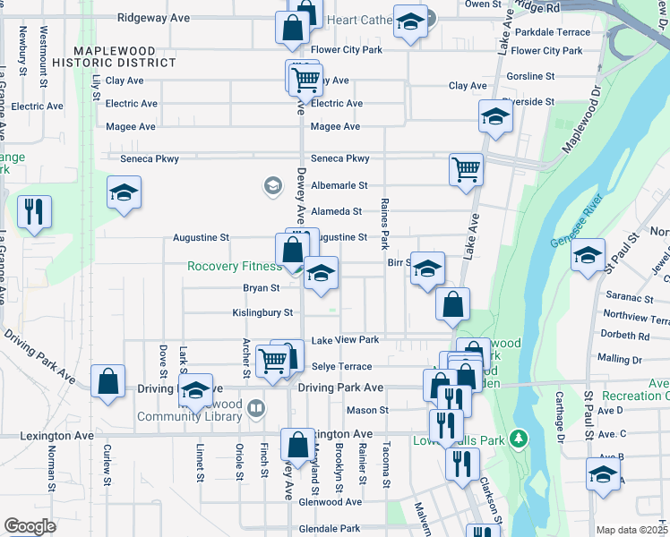 map of restaurants, bars, coffee shops, grocery stores, and more near 269 Pierpont Street in Rochester