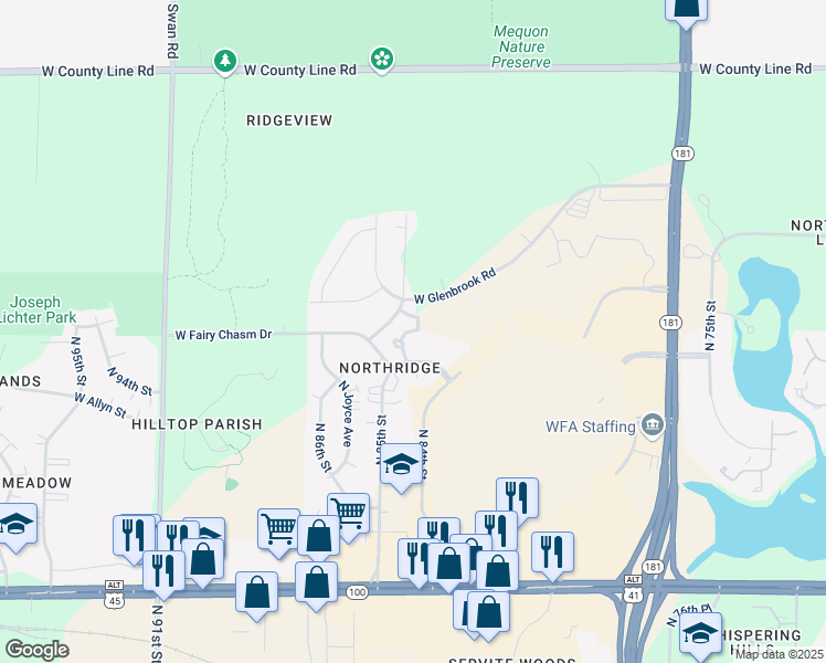 map of restaurants, bars, coffee shops, grocery stores, and more near 9198-9216 North Jadam Lane in Milwaukee
