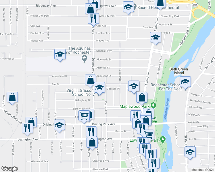 map of restaurants, bars, coffee shops, grocery stores, and more near 199 Birr Street in Rochester