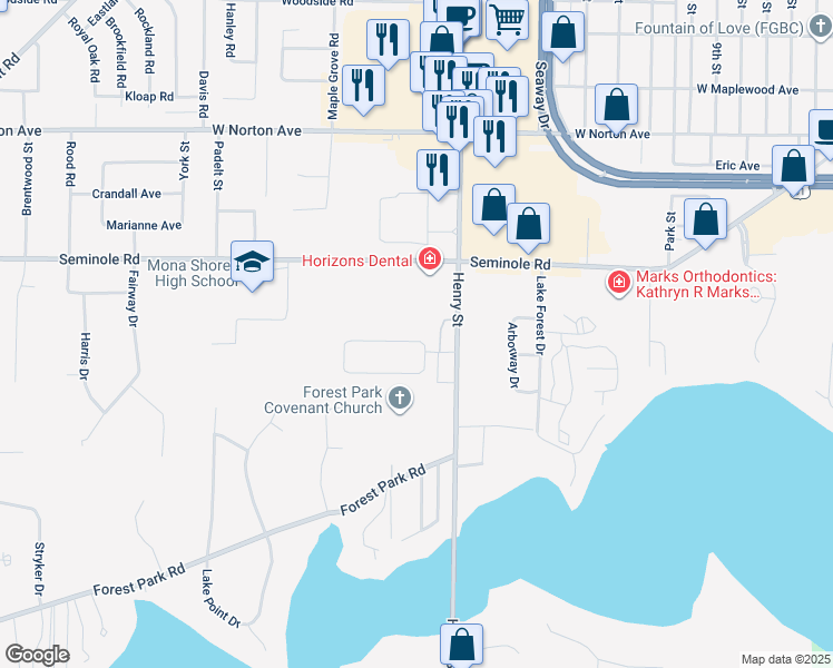 map of restaurants, bars, coffee shops, grocery stores, and more near 810 Winslow Court in Norton Shores