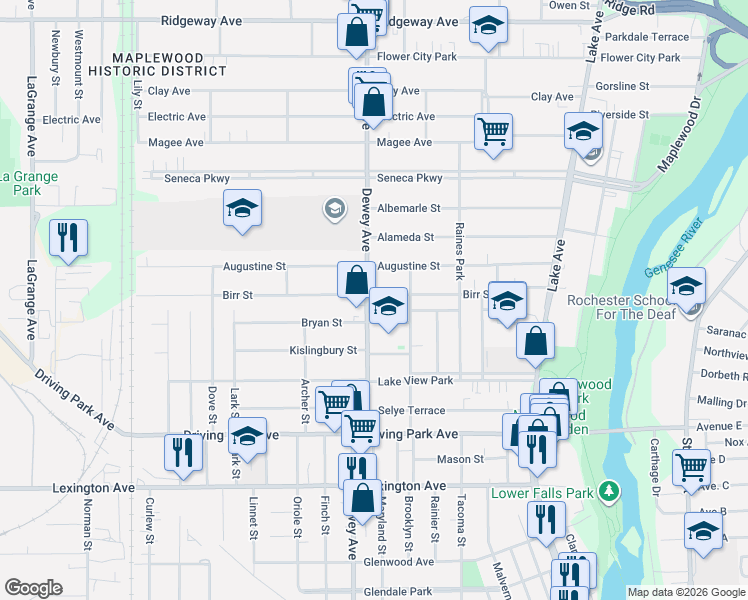 map of restaurants, bars, coffee shops, grocery stores, and more near 1050 Dewey Avenue in Rochester