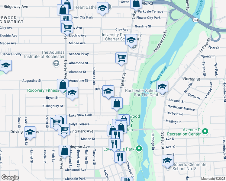 map of restaurants, bars, coffee shops, grocery stores, and more near 1059 Lake Avenue in Rochester
