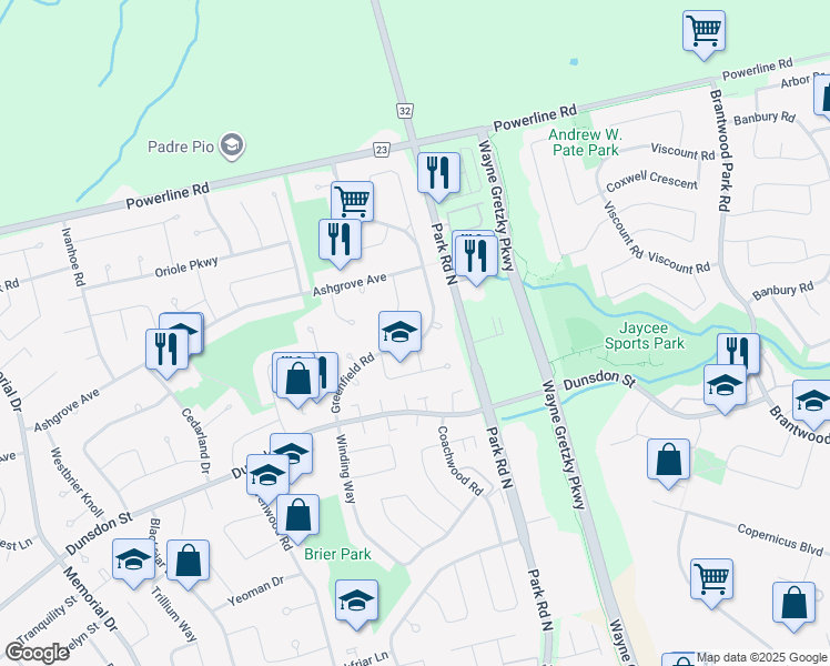 map of restaurants, bars, coffee shops, grocery stores, and more near 49 Greenfield Road in Brantford