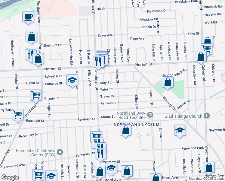 map of restaurants, bars, coffee shops, grocery stores, and more near 75 Yates Street in Rochester