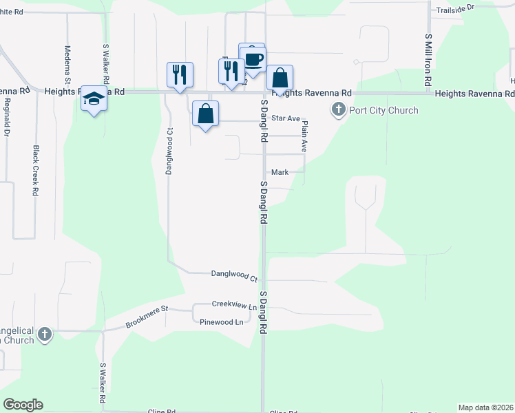 map of restaurants, bars, coffee shops, grocery stores, and more near 3679 South Dangl Road in Muskegon
