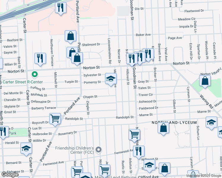 map of restaurants, bars, coffee shops, grocery stores, and more near 145 Midland Avenue in Rochester