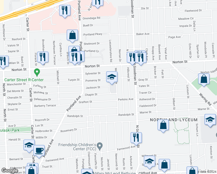 map of restaurants, bars, coffee shops, grocery stores, and more near 137 Jackson Street in Rochester