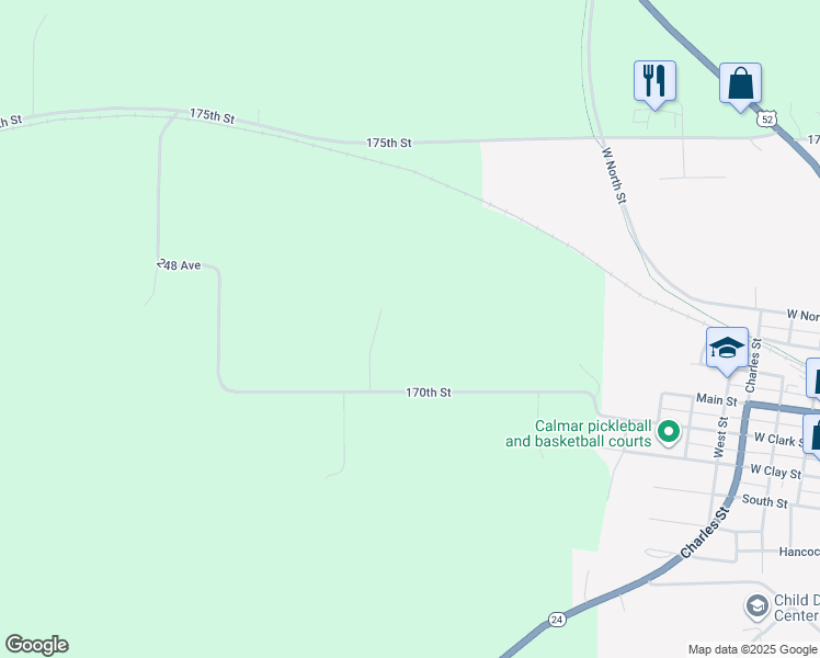 map of restaurants, bars, coffee shops, grocery stores, and more near 2446 170th Street in Calmar