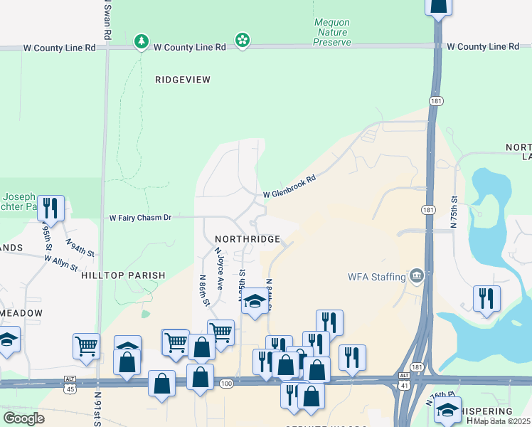 map of restaurants, bars, coffee shops, grocery stores, and more near 9216 North Jadam Lane in Milwaukee