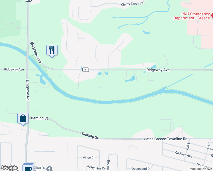 map of restaurants, bars, coffee shops, grocery stores, and more near 2789 Ridgeway Avenue in Rochester