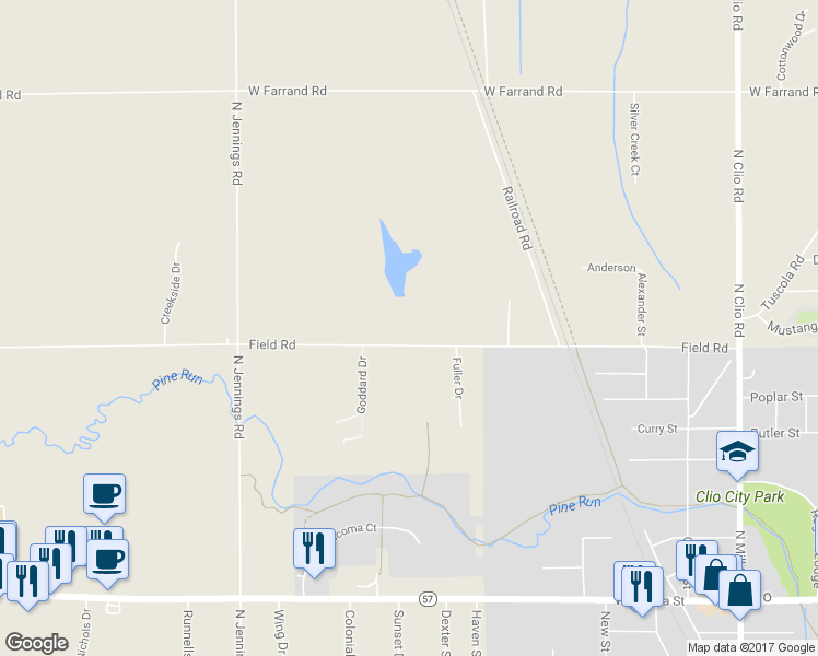 map of restaurants, bars, coffee shops, grocery stores, and more near 3348 Field Road in Clio