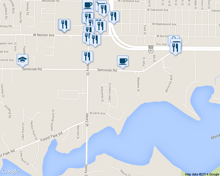 map of restaurants, bars, coffee shops, grocery stores, and more near 687 Lake Forest Ln in Norton Shores