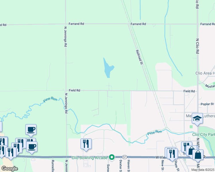 map of restaurants, bars, coffee shops, grocery stores, and more near 3348 Field Road in Clio