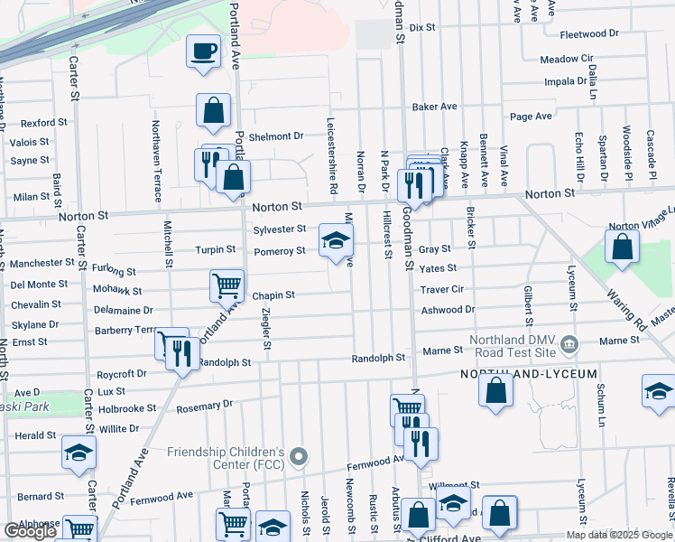 map of restaurants, bars, coffee shops, grocery stores, and more near 145 Midland Avenue in Rochester