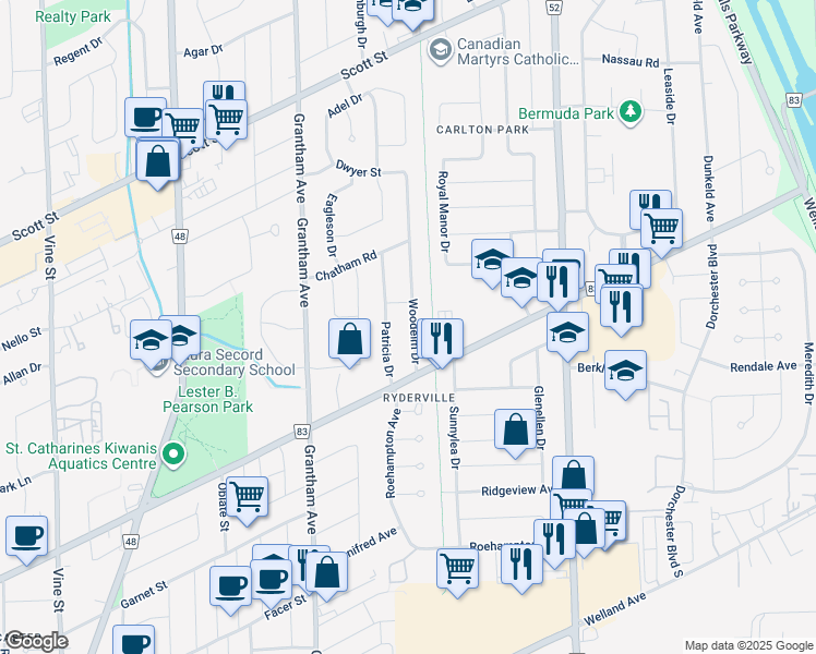 map of restaurants, bars, coffee shops, grocery stores, and more near 13 Woodelm Drive in St. Catharines