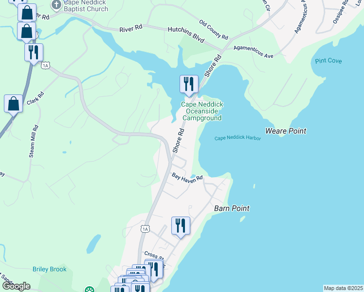 map of restaurants, bars, coffee shops, grocery stores, and more near 17 Shore Road in York