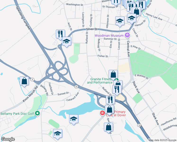 map of restaurants, bars, coffee shops, grocery stores, and more near 64-66 Rutland Street in Dover