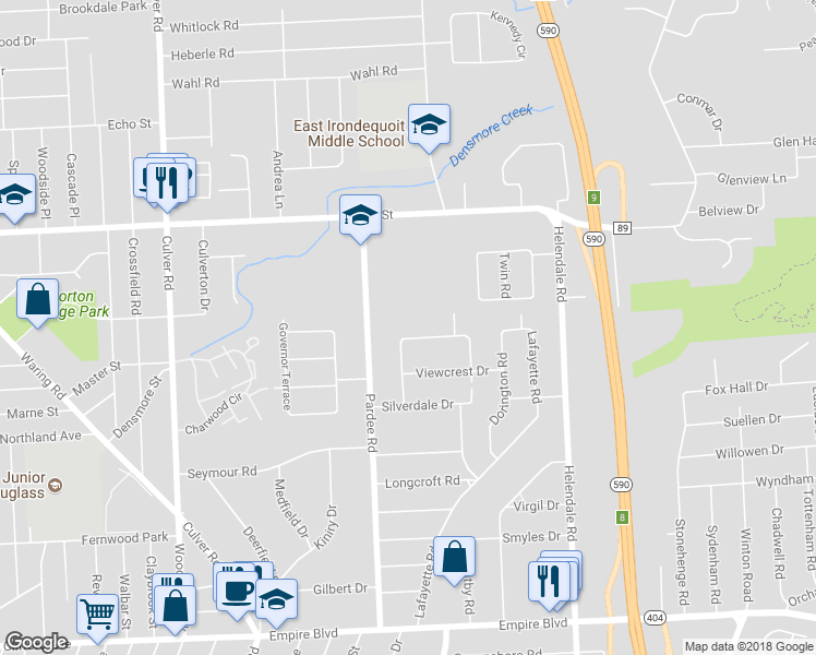 map of restaurants, bars, coffee shops, grocery stores, and more near 105 High Point Trail in Rochester