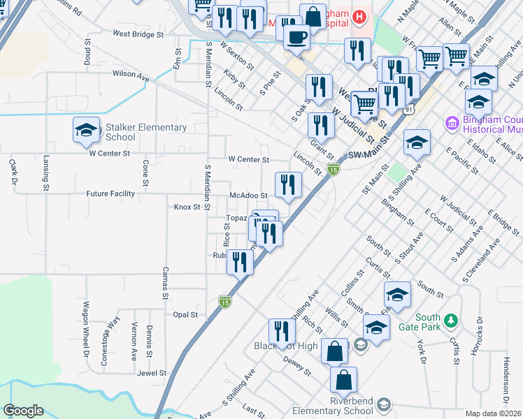 map of restaurants, bars, coffee shops, grocery stores, and more near 141 Topaz Street in Blackfoot