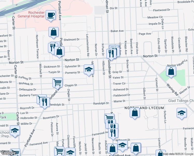 map of restaurants, bars, coffee shops, grocery stores, and more near 139 Norran Drive in Rochester