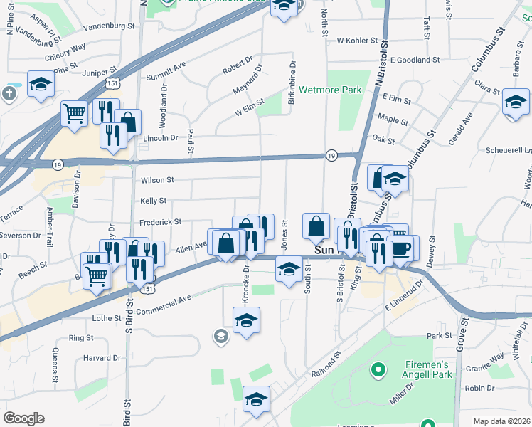 map of restaurants, bars, coffee shops, grocery stores, and more near 161 Union Street in Sun Prairie