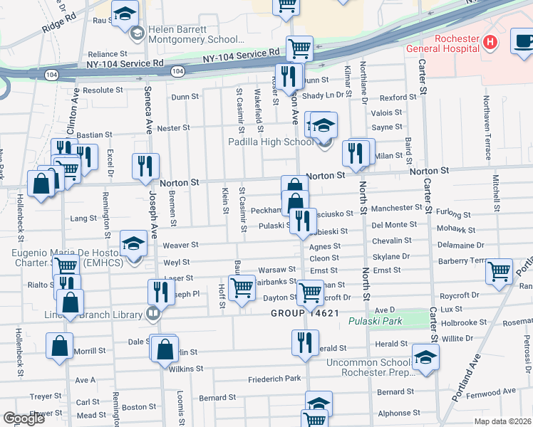map of restaurants, bars, coffee shops, grocery stores, and more near 23 Peckham Street in Rochester
